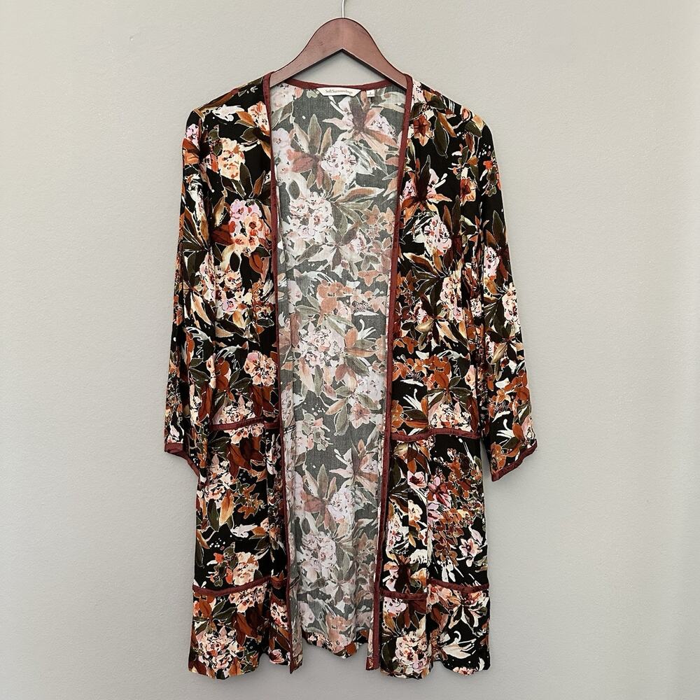 Soft Surroundings Brown Floral Bernadette Topper Cardigan Boho Kimono Duster S